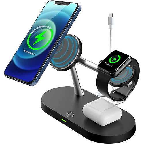 Chrono Chargeur sans fil 5 en 1, station de charge rapide compatible avec iPhone 13/12 Pro Max Mini/AirPods Pro/2, station de charge de montre sans fil pour iWatch Series SE/6/5/4/3/2/1, téléphone certifié Qi,(noir)