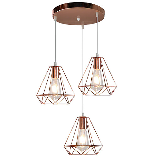 Stoex Ø200Mm Lustre Diamant Rétro Industriel Suspension Luminaire Vintage Plafonnier Hauteur Réglable 3 Supports de Lampe Suspension Or Rose