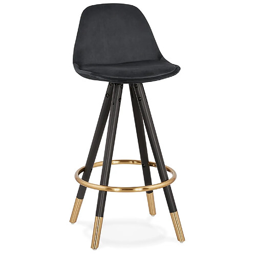 Alterego Tabouret snack mi-hauteur design 'CHICAGO MINI' en velours noir et 4 pieds en bois noir