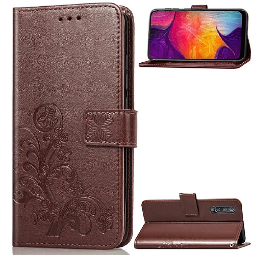 Wewoo Housse Coque Étui en cuir à Motif fleurs pressées Lucky Clover pour Galaxy A50avec porte-cartes et & Portefeuille et dragonne Marron