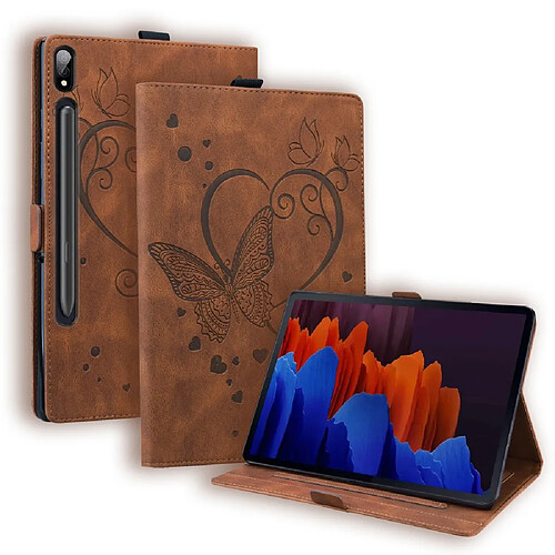 Etui en PU motif papillon, léger avec support, porte-cartes et porte-stylo marron pour votre Samsung Galaxy Tab S7 Plus/Galaxy Tab S8 Plus