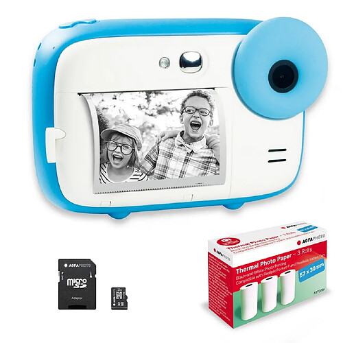 AGFA PHOTO Pack Realikids Instant Cam + 1 carte Micro SD 32GB + 3 rouleaux Papier Thermique ATP3WH - Appareil Photo Enfant - Bleu - Bleu