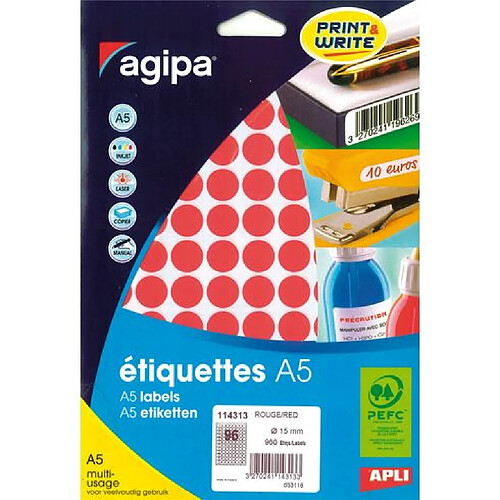 Pastille adhésive 15 mm Agipa 11431 rouge - pochette de 960