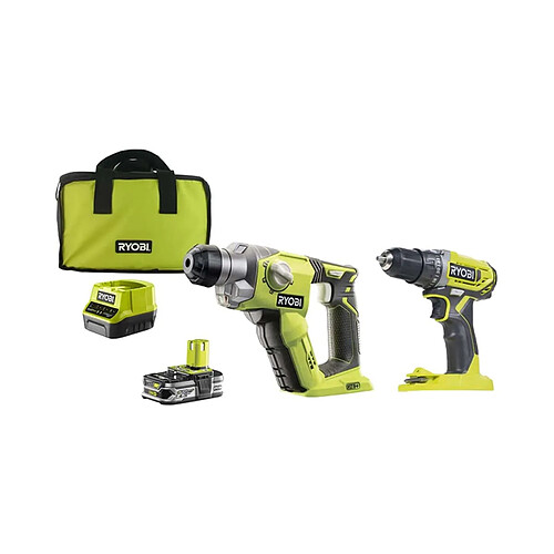 Pack Ryobi- Perceuse Visseuse 18V One Plus - R18DD2-0 - Marteau perforateur 18V OnePlus - R18SDS-125S- 1 batterie LithiumPlus 2.5Ah - 1 chargeur rapide