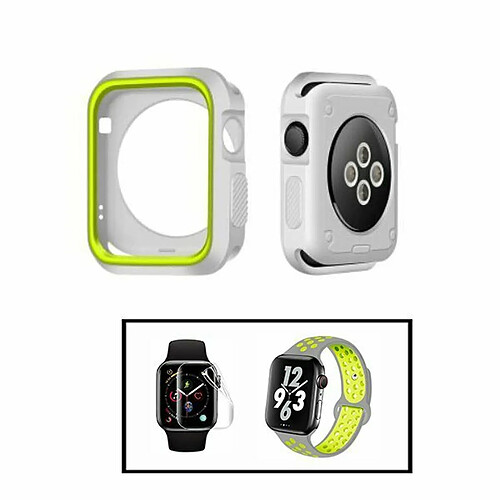 PHONECARE Kit Coque Military DoubleColor + Bracelet Bicolore SportStyle + Film de Hydrogel pour Apple Watch Series SE - 40mm - Gris / Vert fluorescent