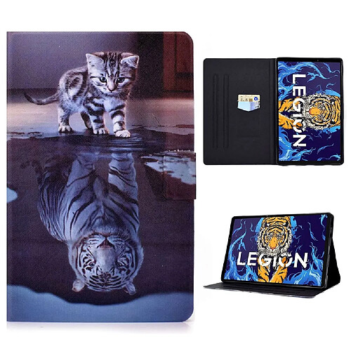 Etui en PU fermeture magnétique avec support et porte-cartes pour votre Lenovo Legion Y700 TB-9707F - chat et tigre