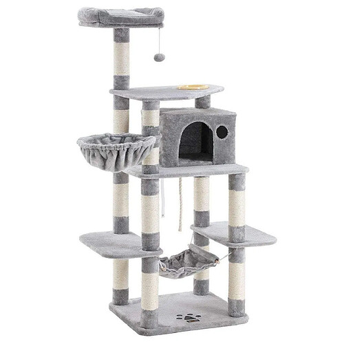 Helloshop26 Arbre à chat hauteur de 174 cm multi-niveaux avec bol panier niche maison de jeu meubles pour chatons chats et félins couleur grise claire 12_0001175