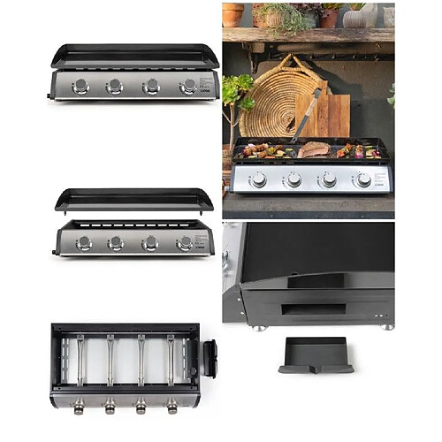 Livoo Plancha électrique gaz Barbecue 4 brûleurs acier INOX émaillée 76x36 cm Allumage automatique intégré