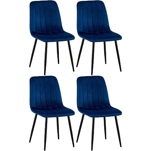 Decoshop26 Lot de 4 chaises de salle à manger coutures décoratives verticales assise en tissu velours bleu pieds en métal noir 10_0001862