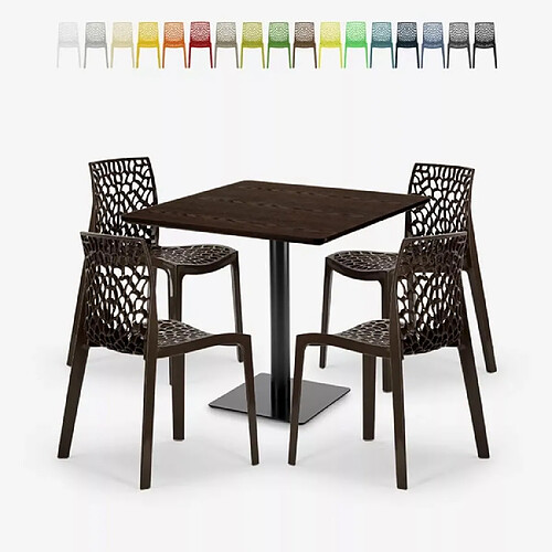 Grand Soleil Ensemble Table Bois Métal Horeca 90x90cm 4 Chaises Design Empilables Dustin Restaurant Bar - Marron