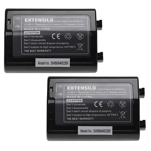 Vhbw EXTENSILO 2x Batteries remplacement pour Nikon EN-EL4, EN-EL4a, EN-EL4e pour appareil photo, reflex numérique (3350mAh, 11,1V, Li-ion)