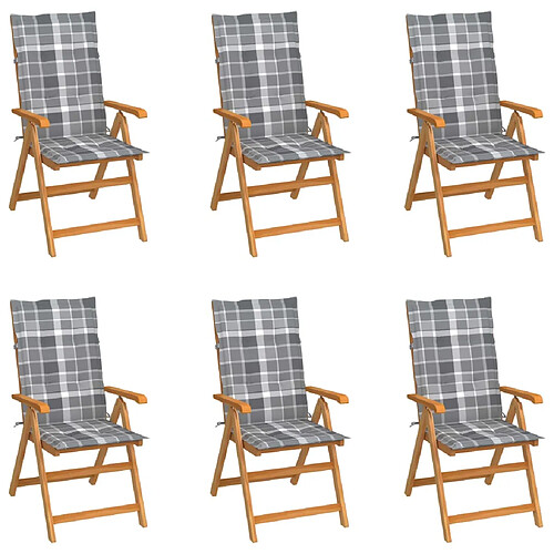 vidaXL Chaises de jardin lot de 6 et coussins carreaux gris Bois teck