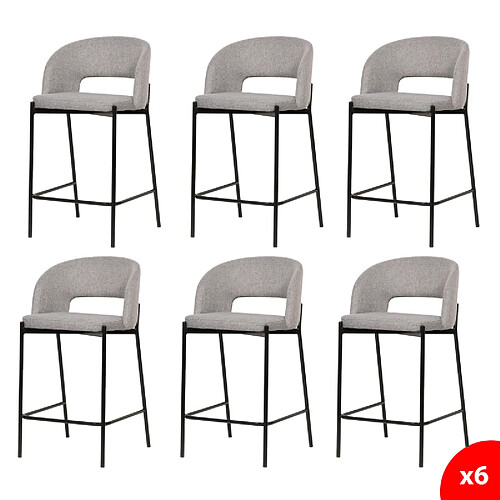 Secury-T Lot de 6 chaises de bar, tabourets tissus gris - pieds en métal noir - KRISTEN