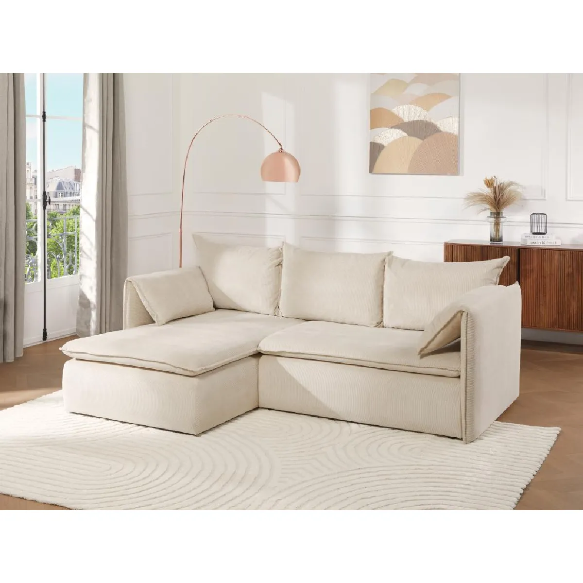 Vente-Unique Canapé d'angle gauche convertible en velours côtelé beige TEODORA