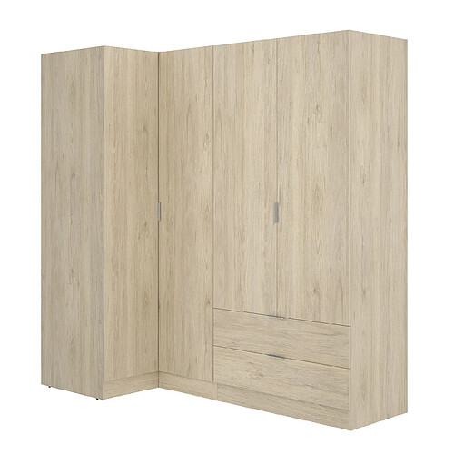 Pegane Armoire d'angle, meuble de rangement en bois mélaminé coloris chêne naturel - Longueur 173 x Profondeur 90 x Hauteur 184 cm