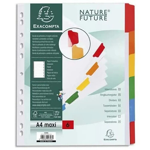 Exacompta - Réf. 4306E - Intercalaires en carte blanche 160g/m2 FSC® avec 6 onglets neutres en couleurs - renforcés et plastifiés - Page d'indexation imprimable - Format à classer A4 maxi