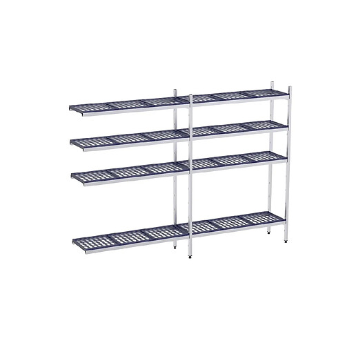 Rayonnage en Acier Inoxydable d'Angle avec Clayettes 4 Niveaux en Polypropylène P.400mm et L.3060 à 3990mm - Distform