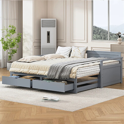 LBF Lit gigogne 90/180x190, Lit de repos multifonctionnel 2 en 1, en pin, avec 2 tiroirs, gris