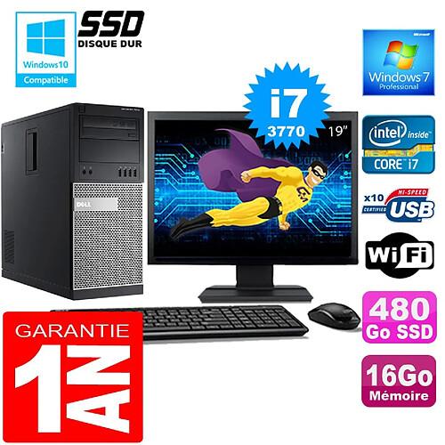 PC Tour DELL 7010 Core I7-3770 Ram 16Go Disque 480 Go SSD Wifi W7 Ecran 19" · Occasion