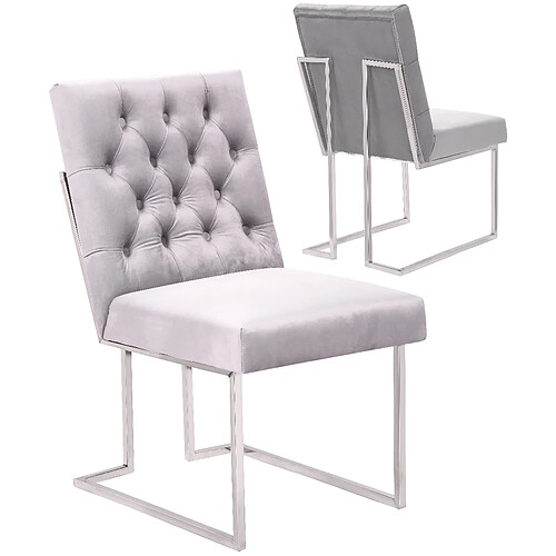 Vivenla Lot de 2 Chaises de salle à manger design revêtement en velours gris clair et piètement en acier inoxydable argenté collection DINO