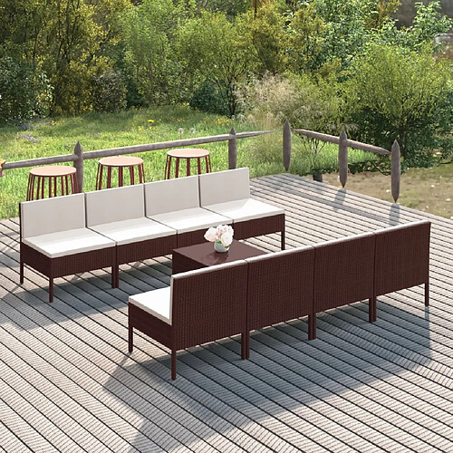 vidaXL Salon de jardin 9 pcs avec coussins résine tressée marron