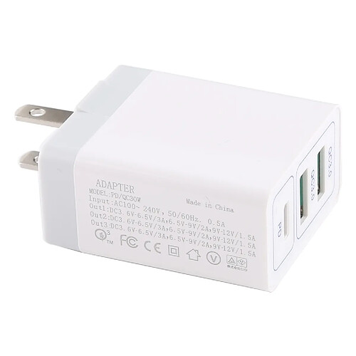 Wewoo Chargeur 3A sortie max. USB-PD + Double port USB QC3.0 rapide de voyage, prise US