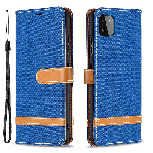 Etui en PU Tissu de jeans de couleurs assorties avec dragonne bleu pour votre Samsung Galaxy A22 5G (EU Version)