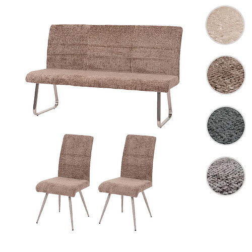 Mendler Set de salle à manger HWC-G55, set de 2 chaises + banc 160cm, inox brossé tissu/textile chenille ~ brun