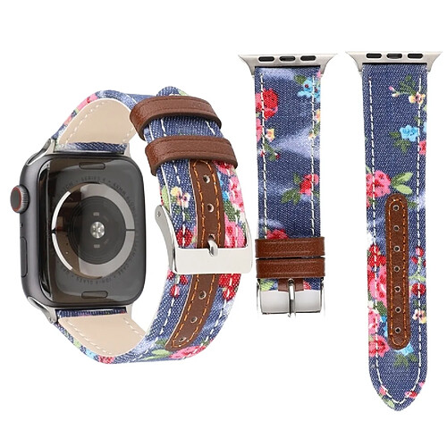 Wewoo Bracelet en cuir véritable avec Motif fleurs denim pour Apple Watch série 4 44 mm bleu foncé