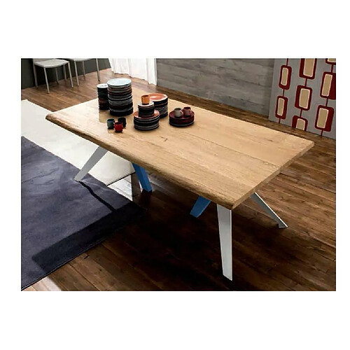 Inside 75 TRIO Table repas en chêne naturel, piétement en bois blanc et bleu