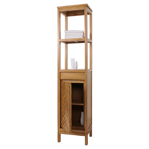 Mendler Armoire haute en teck HWC-M74, armoire de salle de bain, 1 porte 4 compartiments, teck de qualité B-Grade (bois de cœur, 20-30 ans) 181x40x35cm