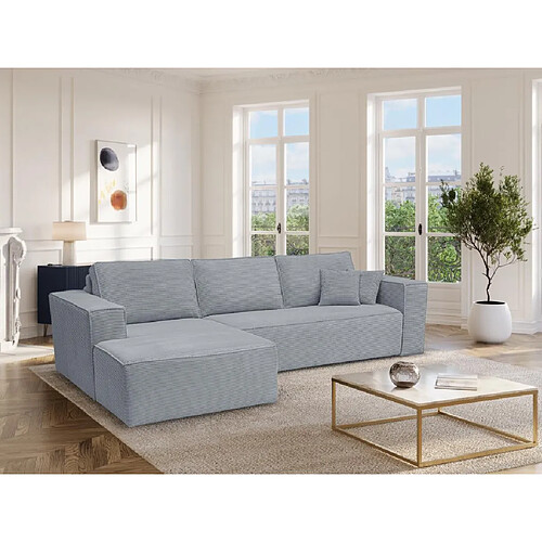 Vente-Unique Canapé d'angle gauche convertible express en velours côtelé gris clair - Couchage 140 cm - Matelas 14 cm AMELIA II