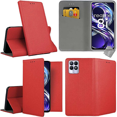 Htdmobiles Housse etui portefeuille avec coque intérieure en silicone pour Realme 8i / Narzo 50 4G + verre trempe - ROUGE MAGNET