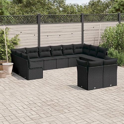 vidaXL Salon de jardin 12 pcs avec coussins noir résine tressée