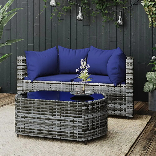 vidaXL Salon de jardin 3 pcs avec coussins Gris Résine tressée