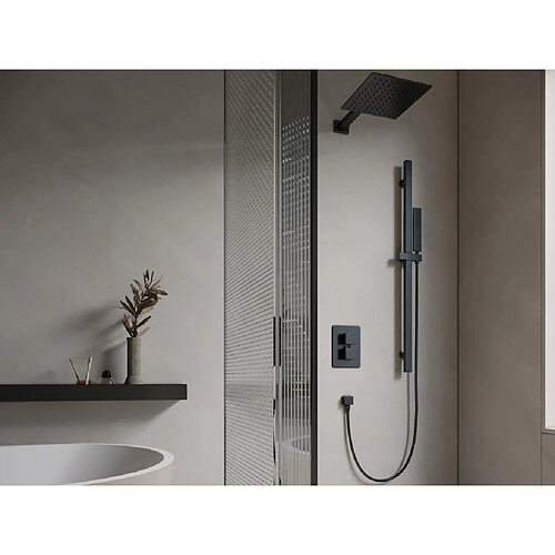 Vente-Unique Ensemble de douche encastrable avec mitigeur thermostatique et support mural réglable - Noir mat - TEREK