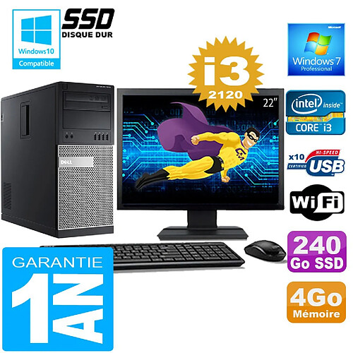 PC Tour DELL 7010 Core I3-2120 Ram 4Go Disque 240 Go SSD Wifi W7 Ecran 22" · Occasion