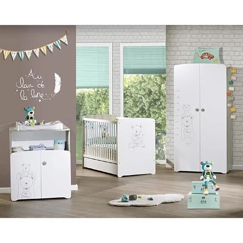 Baby Price Chambre bébé trio Teddy: lit 120x60, commode a langer et armoire - Babyprice - Blanc