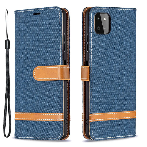 Etui en PU Tissu de jeans de couleurs assorties avec dragonne bleu foncé pour votre Samsung Galaxy A22 5G (EU Version)