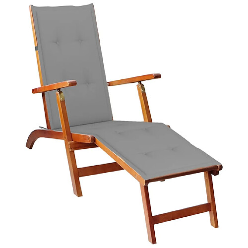 Helloshop26 Transat chaise longue bain de soleil lit de jardin terrasse meuble d'extérieur avec repose-pied et coussin acacia solide 02_0012576