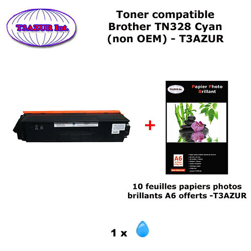 Toner compatible TN328 C pour imprimante Brother DCP9270CDN, HL 4570CDW,4570CDWT, MFC9970CDW Cyan+ 10f A6 brillants - T3AZUR