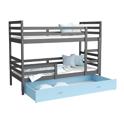 Kids Literie Lit Superposé Milo 90x190 Gris - bleu Livré avec sommiers, tiroir et matelas en mousse de 7cm