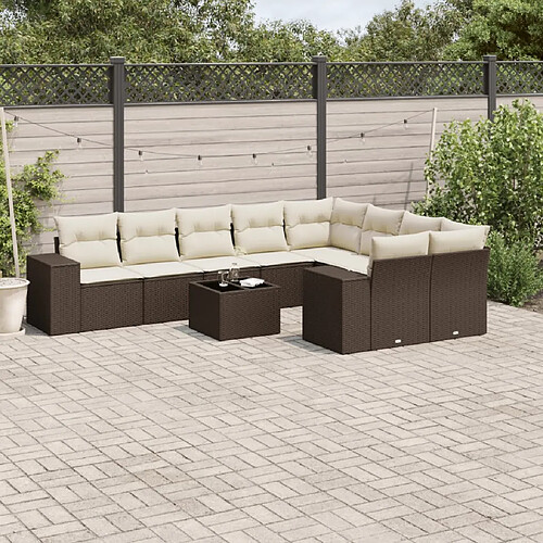 vidaXL Salon de jardin 10 pcs avec coussins marron résine tressée