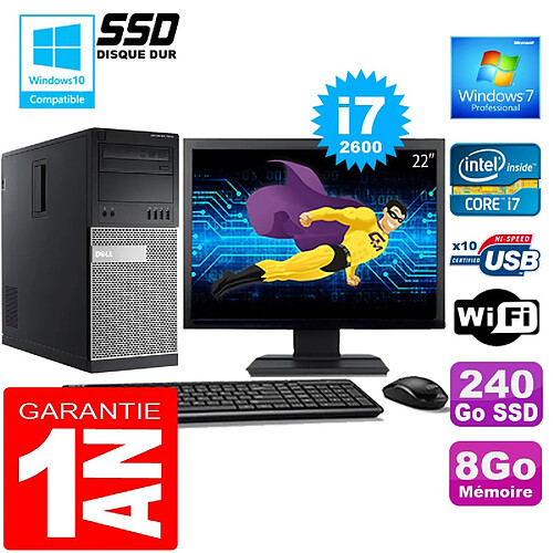 PC Tour DELL 7010 Core I7-2600 Ram 8Go Disque 240 Go SSD Wifi W7 Ecran 22" · Occasion