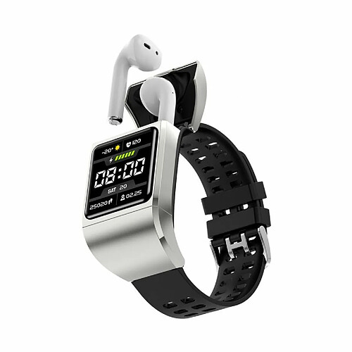 Montre Intelligente 2-En-1 Tws Casque Compatible Bluetooth Podomètre Surveillance De La Fréquence Cardiaque Bracelet Argent