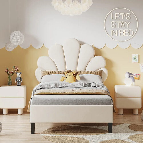 KOMHTOM Lit Simple Rembourré 90 X 200 cm - Cadre De Lit Avec Tête De Lit Forme Fleur et Sommier À Lattes - En Velours - Beige