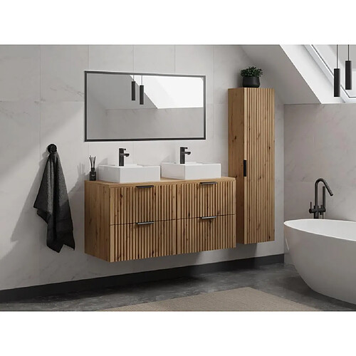 Vente-Unique Meuble de salle de bain suspendu strié avec vasque à poser et colonne - Naturel clair - 120 cm - ZEVARA