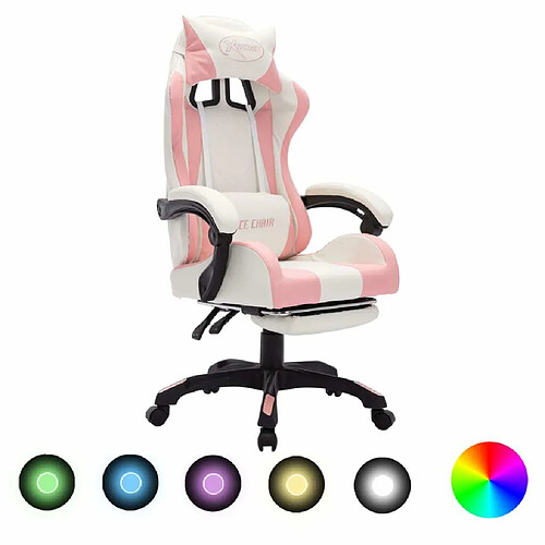 Maison Chic Fauteuil de jeux vidéo avec LED,Fauteuil Gamer du Bureau RVB Rose et blanc Similicuir -MN60168