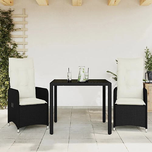 vidaXL Ensemble de bistro de jardin 3 pcs coussins noir poly rotin