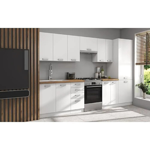 ATLAS Cuisine complete 8 éléments - Décor blanc - L300 x H52 x H82 cm - Plan de travail non inclus